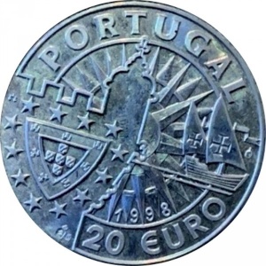 Аверс монеты Португалия, 20 евро, 1998, Lisbon Sail 1998 - Мемориал "Васко да Гама"