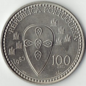 Реверс монеты Португалия, 100 эскудо, 1985, 800 лет со дня смерти Короля Альфонсо Энрике
