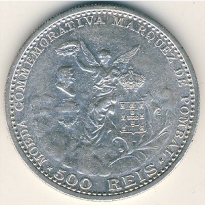 Реверс монеты Португалия, 500 реалов, 1910, Маркиз ди Помбал