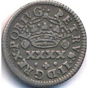 Аверс монеты Португалия, 50 реалов, 1683, Георгиевский крест с буквой "P" в углах на реверсе