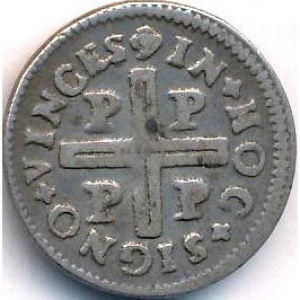 Реверс монеты Португалия, 50 реалов, 1683, Георгиевский крест с буквой "P" в углах на реверсе