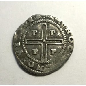 Реверс монеты Португалия, 100 реалов, 1640, Крест с буквой "Р" в каждом квадранте