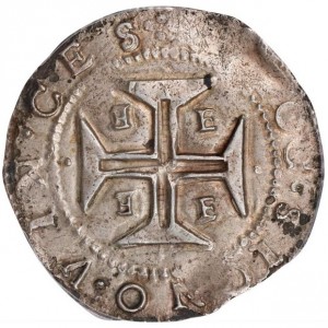 Реверс монеты Португалия, 200 реалов, 1643, Крест с буквой "E" в каждом квадранте