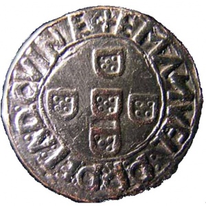 Реверс монеты Португалия, ½ рейса, 1511, "I EMAИVEL R P" на реверсе
