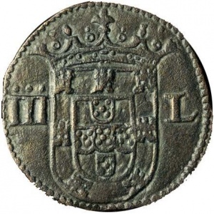 Реверс монеты Португалия, 3 реала, 1557, Щит с короной на реверсе