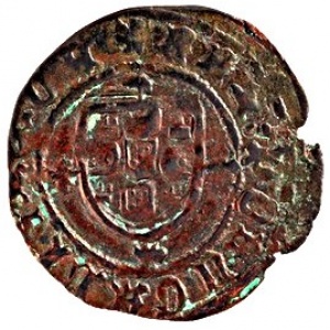 Реверс монеты Португалия, 1 цейтил, 1463, Замок с небольшими башнями и высокой стеной, с дверями