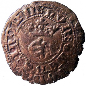 Аверс монеты Португалия, 1 реал бранко, 1433, "Р" на аверсе