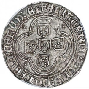 Реверс монеты Португалия, 1 реал гроссо, 1457, "Р" на аверсе