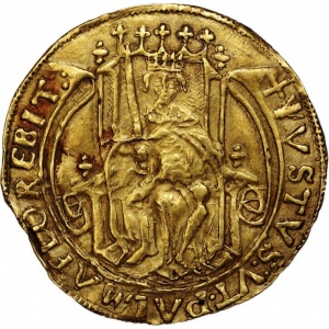 Реверс монеты Португалия, 1 хусто, 1489, Король сидит на троне