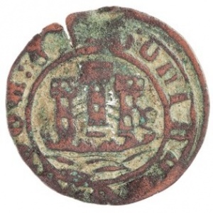 Аверс монеты Португалия, 1 цейтил, 1458, Замок с башнями, образованными квадратными элементами; башенки без зубцов