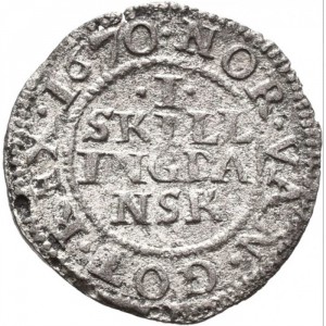 Реверс монеты Норвегия, 1 скиллинг, 1670, Кристиан V, "NOR VAN GOT REX" на реверсе