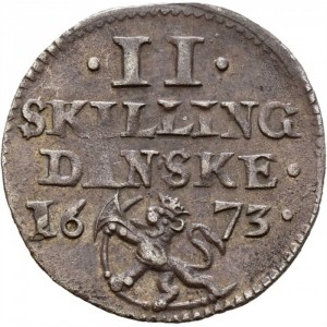 Реверс монеты Норвегия, 2 скиллинга, 1673, Коронованный монограмма на аверсе