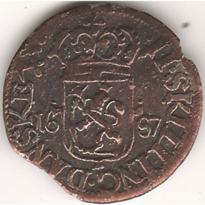 Реверс монеты Норвегия, 2 скиллинга, 1687-1688, Зеркальная монограмма "CV", дата на реверсе