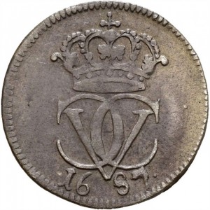 Аверс монеты Норвегия, 2 скиллинга, 1687, Зеркальная монограмма "CV", дата на аверсе