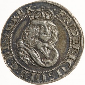 Аверс монеты Норвегия, 12 скиллингов, 1661, Коронованный лев в лавровых ветвях