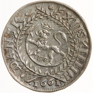 Реверс монеты Норвегия, 12 скиллингов, 1661, Коронованный лев в лавровых ветвях