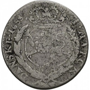 Реверс монеты Норвегия, 1 марка, 1688, Коронованный лев в лавровых ветвях