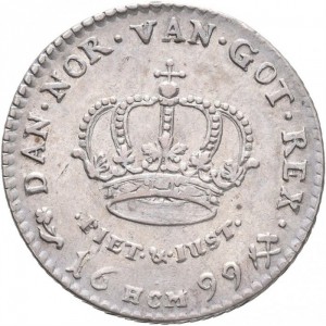 Реверс монеты Норвегия, 1 марка, 1699, Портрет Кристиана V на аверсе
