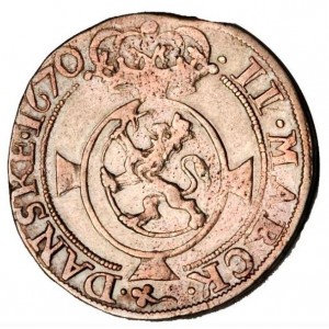 Реверс монеты Норвегия, 2 марки, 1670-1671, Коронованный лев и щит, вес: 10,63 г