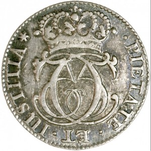 Аверс монеты Норвегия, 2 марки, 1687, Декоративная монограмма, дужки с закругленными сторонами