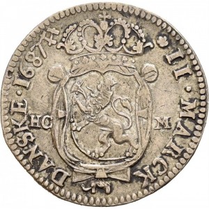 Реверс монеты Норвегия, 2 марки, 1687, Декоративная монограмма, герб с прямыми сторонами