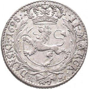Реверс монеты Норвегия, 2 марки, 1688-1699, Коронованный лев в лавровых ветвях, HC M снаружи