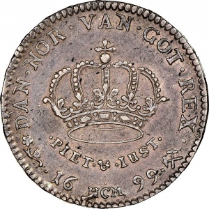 Реверс монеты Норвегия, 2 марки, 1699, Портрет Кристиана V на аверсе