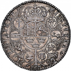 Реверс монеты Норвегия, 1 спесие далер, 1692-1693, Национальный герб с короной на фоне восьми провинциальных гербов н…