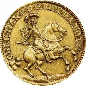 Аверс монеты Норвегия, 2 дуката, 1673, Конная фигура Кристиана V на аверсе