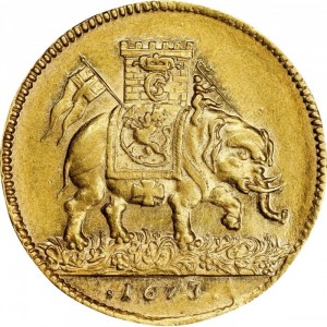 Реверс монеты Норвегия, 2 дуката, 1673, Конная фигура Кристиана V на аверсе