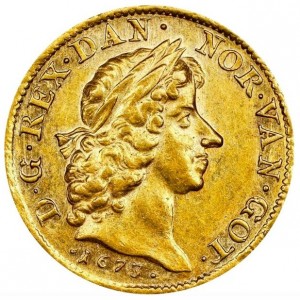 Аверс монеты Норвегия, 2 дуката, 1673, Полная дата под бюстом на аверсе