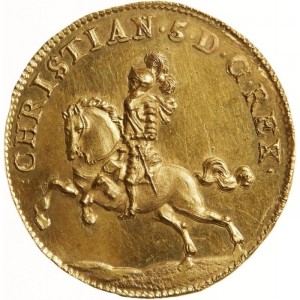 Аверс монеты Норвегия, 3 дуката, 1673, Конная фигура Кристиана V влево на аверсе