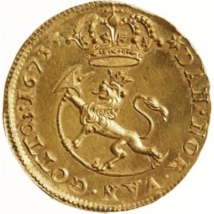 Реверс монеты Норвегия, 3 дуката, 1673, Конная фигура Кристиана V влево на аверсе