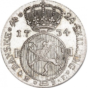 Реверс монеты Норвегия, 24 скиллинга, 1734-1735, Коронованный лев внутри круга