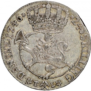 Реверс монеты Норвегия, 24 скиллинга, 1735-1746, Коронованный лев без круга
