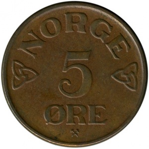 Реверс монеты Норвегия, 5 эре, 1952-1957