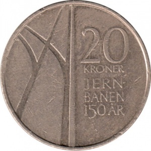Реверс монеты Норвегия, 20 крон, 2004, 150 лет первой Норвежской железной дороге
