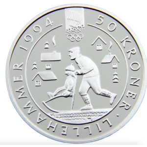 Реверс монеты Норвегия, 50 крон, 1992, XVII Зимние олимпийские игры, Лиллехаммер 1994 - Дедушка и внук