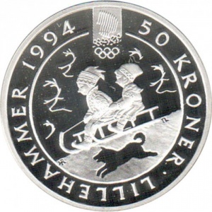 Реверс монеты Норвегия, 50 крон, 1992, XVII Зимние олимпийские игры, Лиллехаммер 1994 - Дети на санках