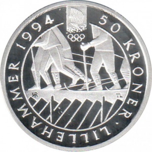 Реверс монеты Норвегия, 50 крон, 1993, XVII Зимние олимпийские игры, Лиллехаммер 1994 - Лыжные гонки