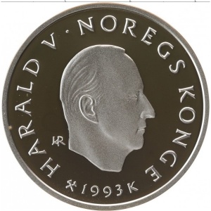 Аверс монеты Норвегия, 50 крон, 1993, XVII Зимние олимпийские игры, Лиллехаммер 1994 - Дети на коньках