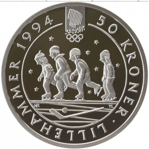 Реверс монеты Норвегия, 50 крон, 1993, XVII Зимние олимпийские игры, Лиллехаммер 1994 - Дети на коньках