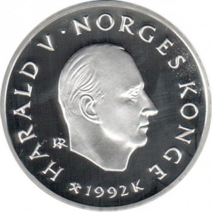 Аверс монеты Норвегия, 100 крон, 1992, XVII Зимние олимпийские игры, Лиллехаммер 1994 - Прыжки на лыжах с трамплина