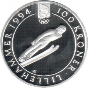 Реверс монеты Норвегия, 100 крон, 1992, XVII Зимние олимпийские игры, Лиллехаммер 1994 - Прыжки на лыжах с трамплина