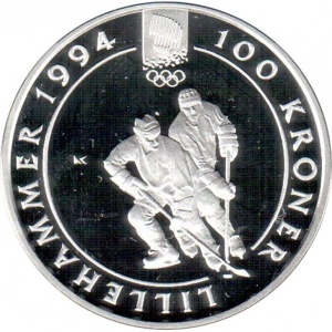 Аверс монеты Норвегия, 100 крон, 1992, XVII Зимние олимпийские игры, Лиллехаммер 1994 - Хоккей