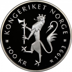 Аверс монеты Норвегия, 100 крон, 1993, Чемпионат мира по шоссейному велоспорту /велосипедист/