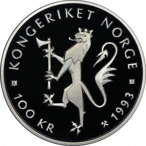 Аверс монеты Норвегия, 100 крон, 1993, Чемпионат мира по шоссейному велоспорту /Пелотон/
