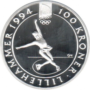 Реверс монеты Норвегия, 100 крон, 1993, XVII Зимние олимпийские игры, Лиллехаммер 1994 - Фигурное катание
