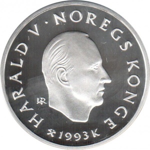 Аверс монеты Норвегия, 100 крон, 1993, XVII Зимние олимпийские игры, Лиллехаммер 1994 - Горнолыжный спорт