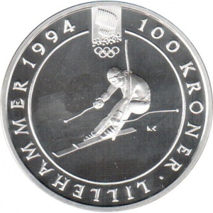 Реверс монеты Норвегия, 100 крон, 1993, XVII Зимние олимпийские игры, Лиллехаммер 1994 - Горнолыжный спорт